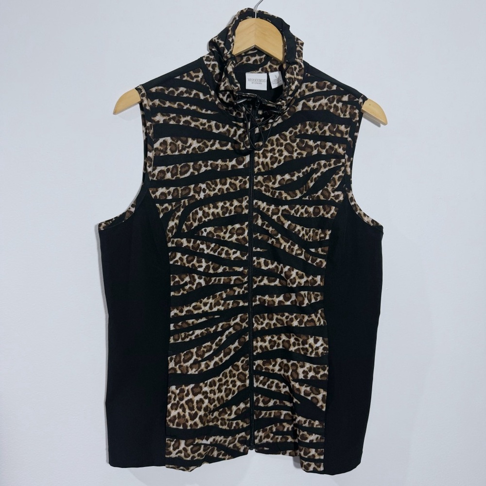 Chico's Weekend Animal Print Full Zip Vest Black/Brown Med Chico's‎ 1 Wild Chic